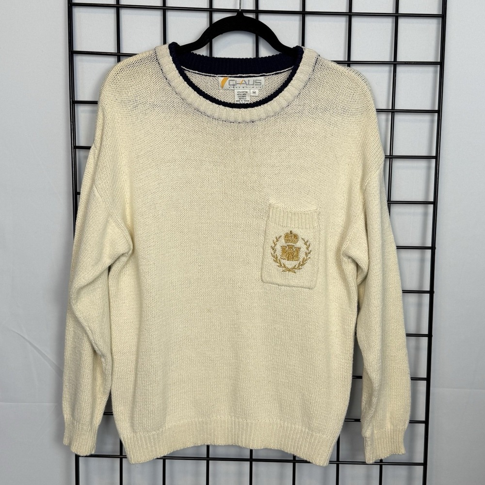 Vintage Chaus Sweater Womens Medium Ivory Crest Nautical Crewneck Pullover Linen